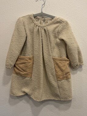 Girls Cream Textured Dress with Tan Pockets